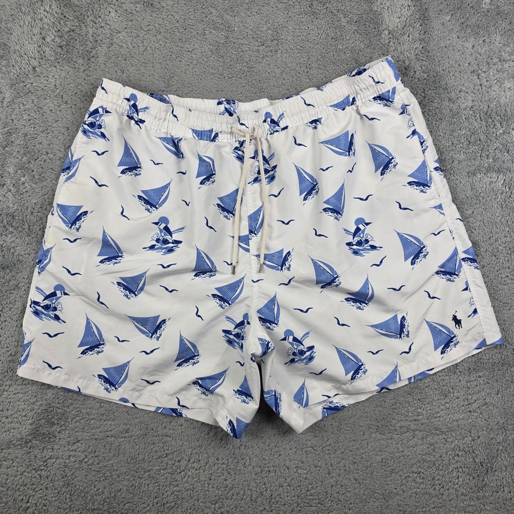 Polo Ralph Lauren Swim Trunks Mens 2XB White Blue Sailboat Nautical Polo Bear